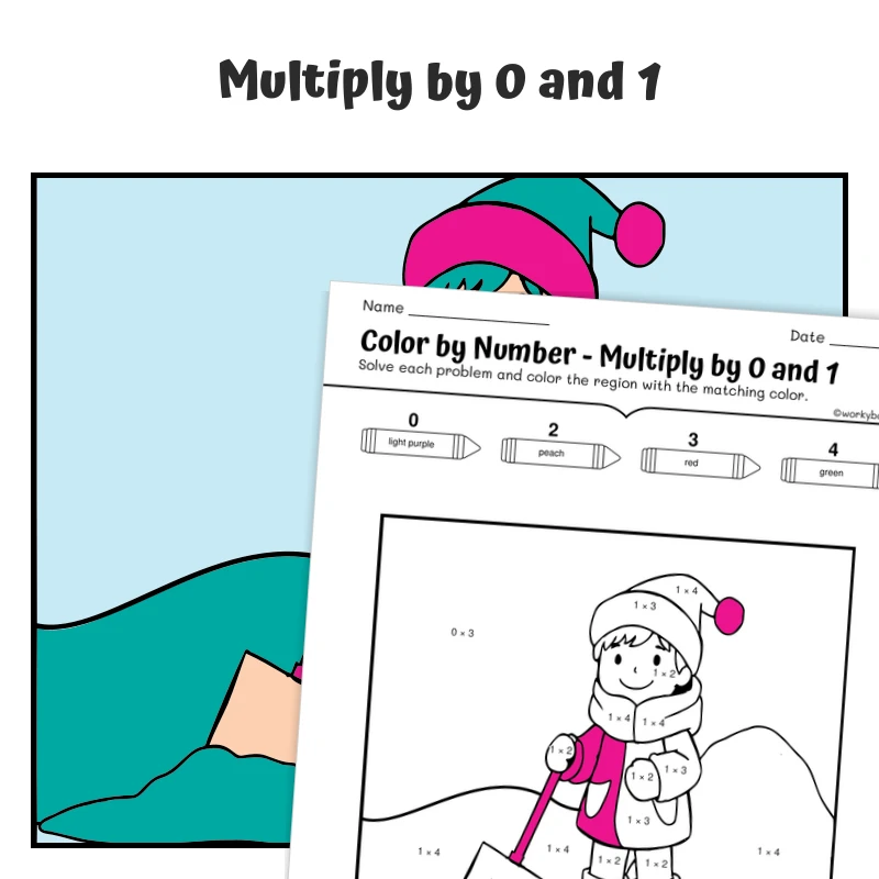 Multiply by 0 & 1 Color by Number — Shoveling Snow — math worksheet for Grade 3, page 1 of 1