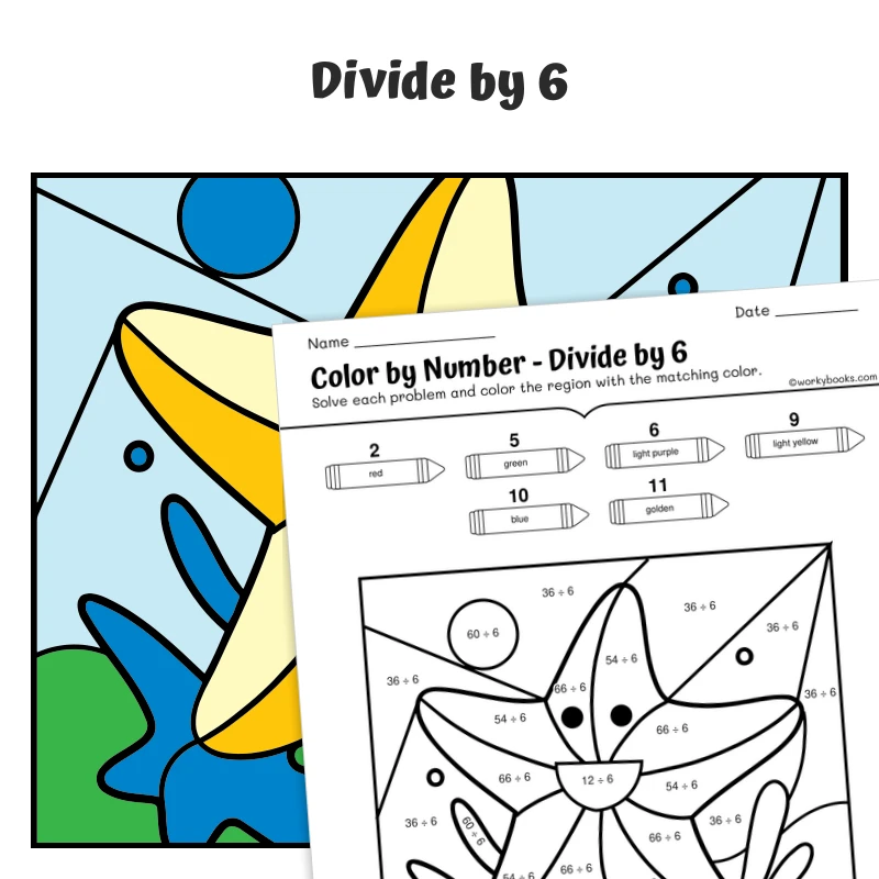 div by 6 Color by Number — Yellow and Beige Starfish — math worksheet for Grade 3, page 1 of 1