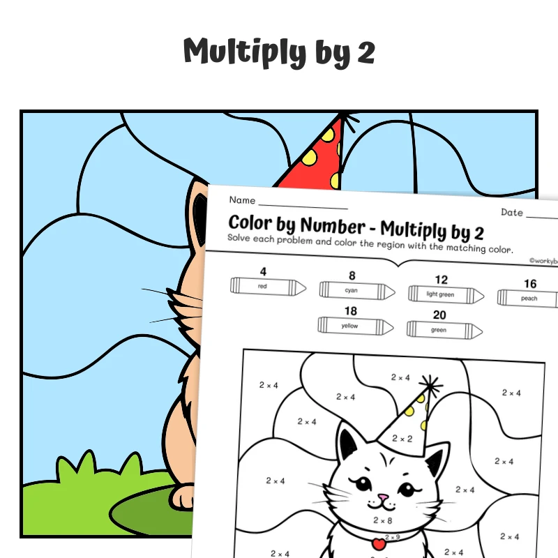 × 2 Color by Number — cat with birthday cap — math worksheet for Grade 3, page 1 of 1