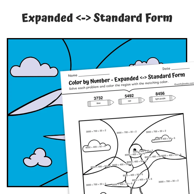 Expanded Form Color by Number — Arctic Tern — math worksheet for Grade 2, Grade 3, Grade 4, Grade 5, page 1 of 1