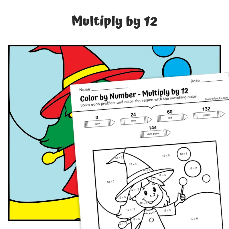 × 12 Color by Number — Witch Making Bubbles — math worksheet for Grade 3, Grade 4, page 1 of 1