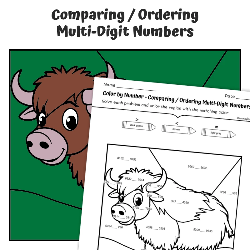 Order Numbers Color by Number — Artic Animal Musk Ox — math worksheet for Grade 2, Grade 3, Grade 4, page 1 of 1