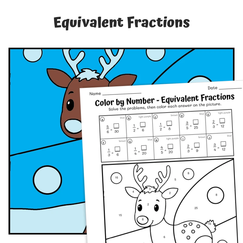 Equivalent Fractions Color by Number — Artic Animal Caribou — math worksheet for Grade 3, Grade 4, page 1 of 1