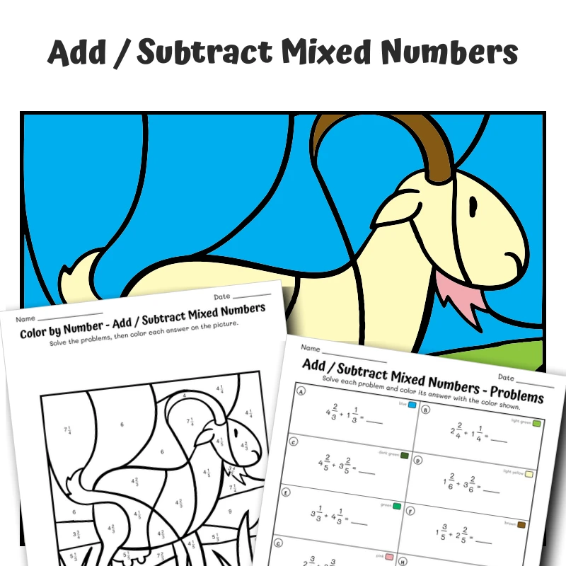 Mixed Numbers Color by Number — Farm Animal Goat — math worksheet for Grade 4, Grade 5, page 1 of 1