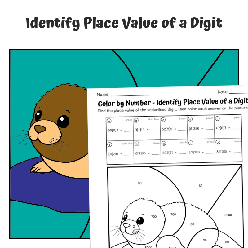 Place Value Color by Number — Artic Animal Ringed Seal — math worksheet for Grade 1, Grade 2, Grade 3, Grade 4, page 1 of 1