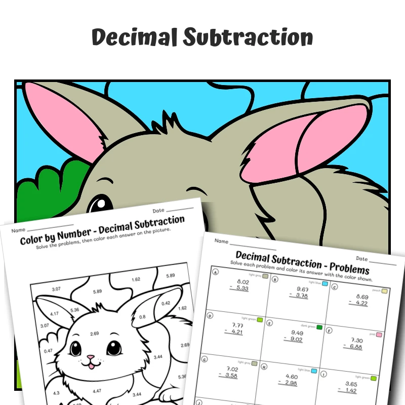 Decimal Subtraction Color by Number — Bunny with a Smiling Face — math worksheet for Grade 5, page 1 of 1