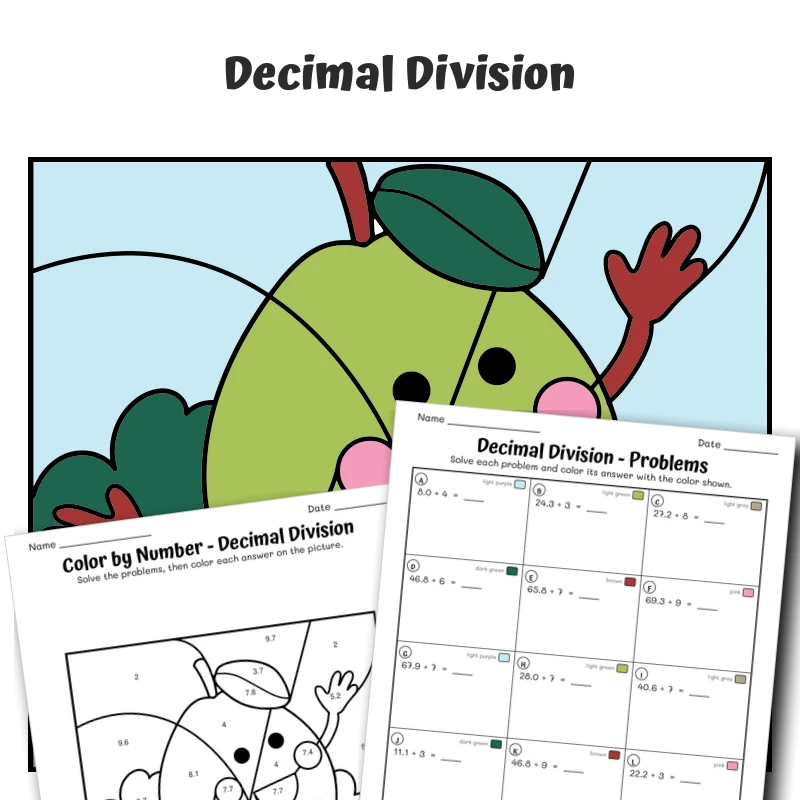 Decimal Division Color by Number — Guava — math worksheet for Grade 5, page 1 of 1