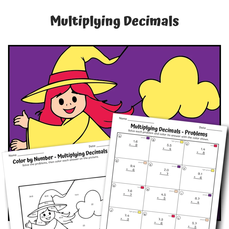 Multiply Decimals Color by Number — Witch Riding a Broom — math worksheet for Grade 5, page 1 of 1