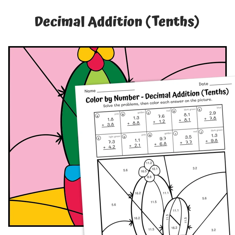 Decimal Addition (tenths) Color by Number — plant 3 — math worksheet for Grade 4, Grade 5, page 1 of 1