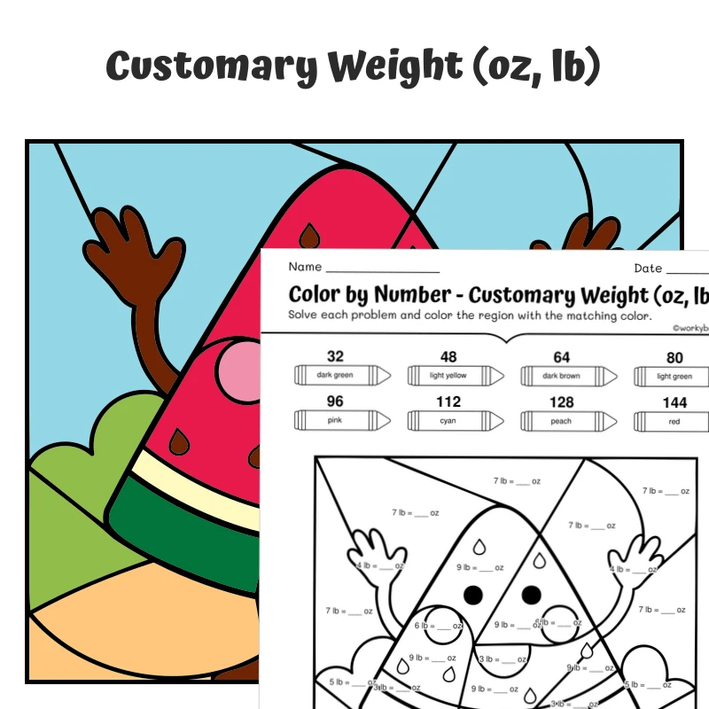 Customary Weight Color by Number — Watermelon — math worksheet for Grade 4, Grade 5, page 1 of 1