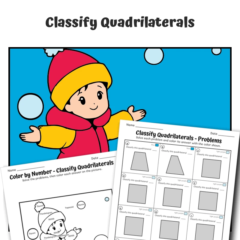Classify Quadrilaterals Color by Number — CBN.WINTER.3-5 — math worksheet for Grade 3, Grade 4, Grade 5, page 1 of 1