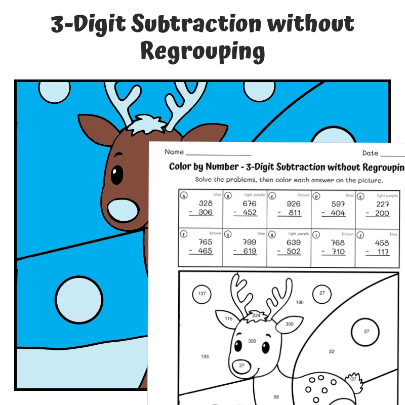 3-Digit Subtraction (no regrouping) Color by Number — Artic Animal Caribou — math worksheet for Grade 2, Grade 3, page 1 of 1