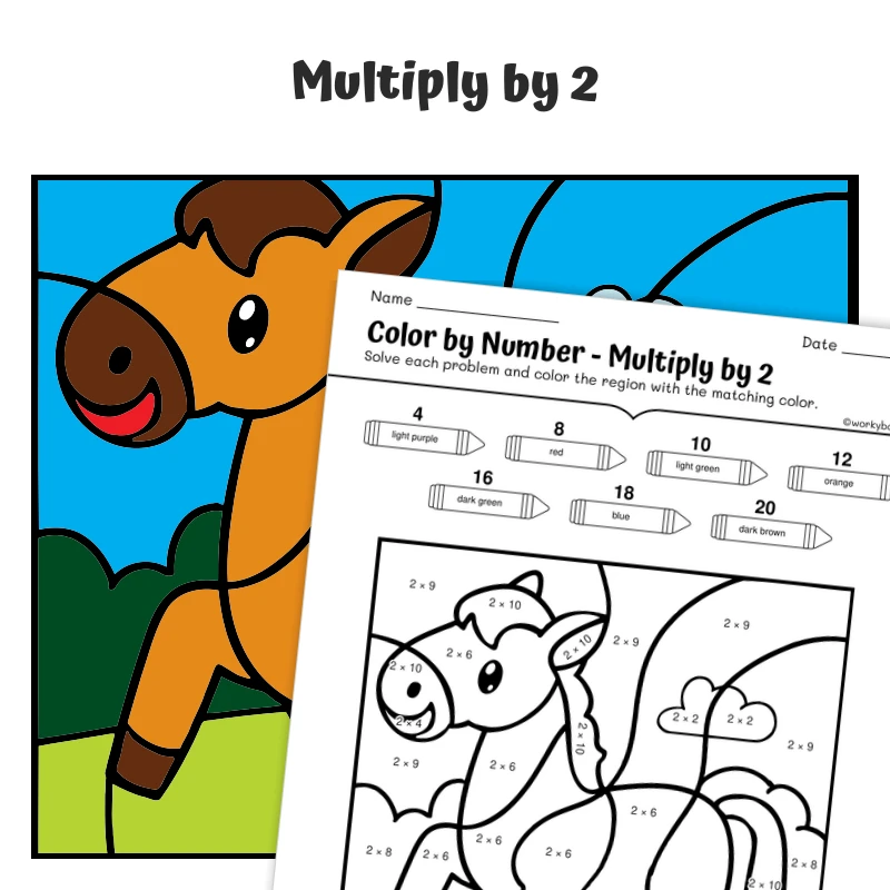 × 2 Color by Number — Farm Animal Horse — math worksheet for Grade 3, page 1 of 1