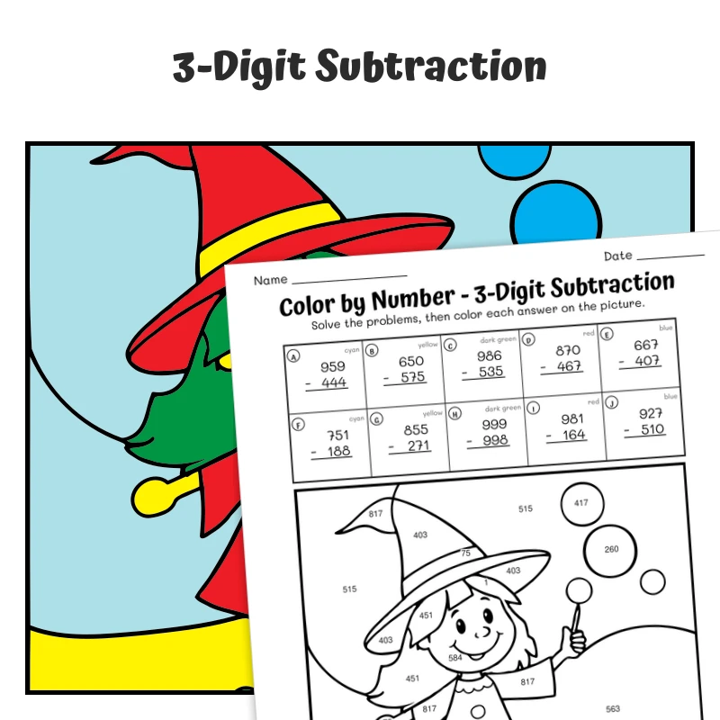 3-Digit Subtraction Color by Number — Witch Making Bubbles — math worksheet for Grade 2, Grade 3, page 1 of 1