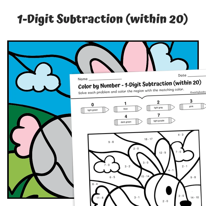 Subtraction within 20 Color by Number — Farm Animal Rabbit — math worksheet for Grade 1, Grade 2, page 1 of 1