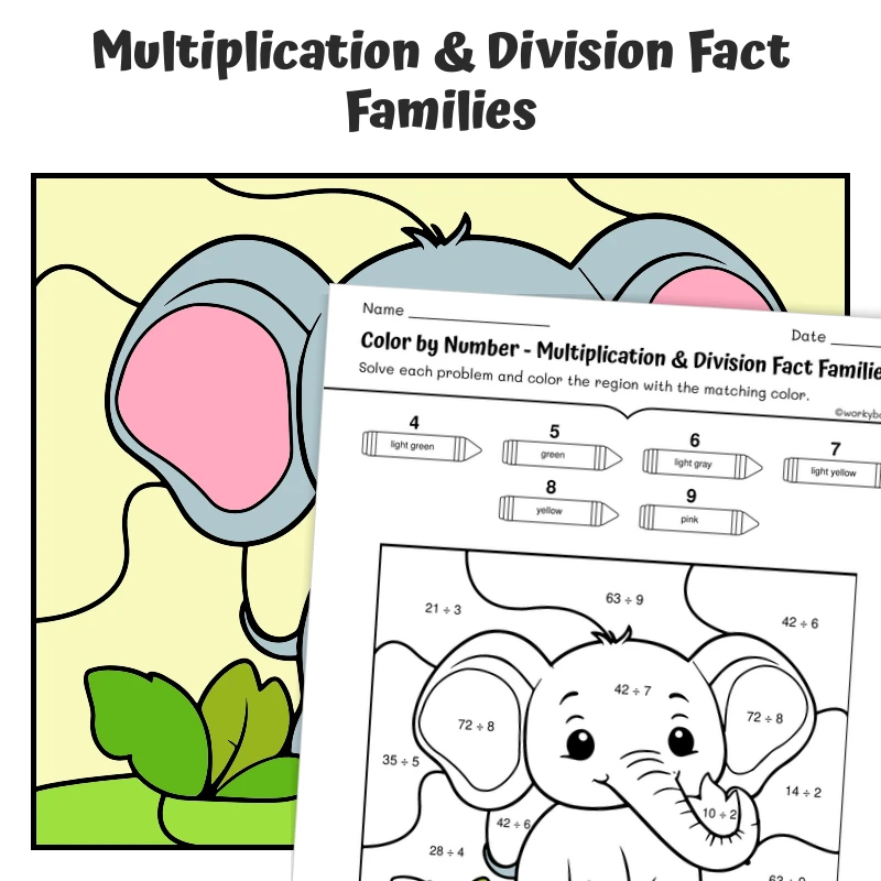 Mult/Div Fact Families Color by Number — Elephant Eating Leaves Happily — math worksheet for Grade 3, page 1 of 1