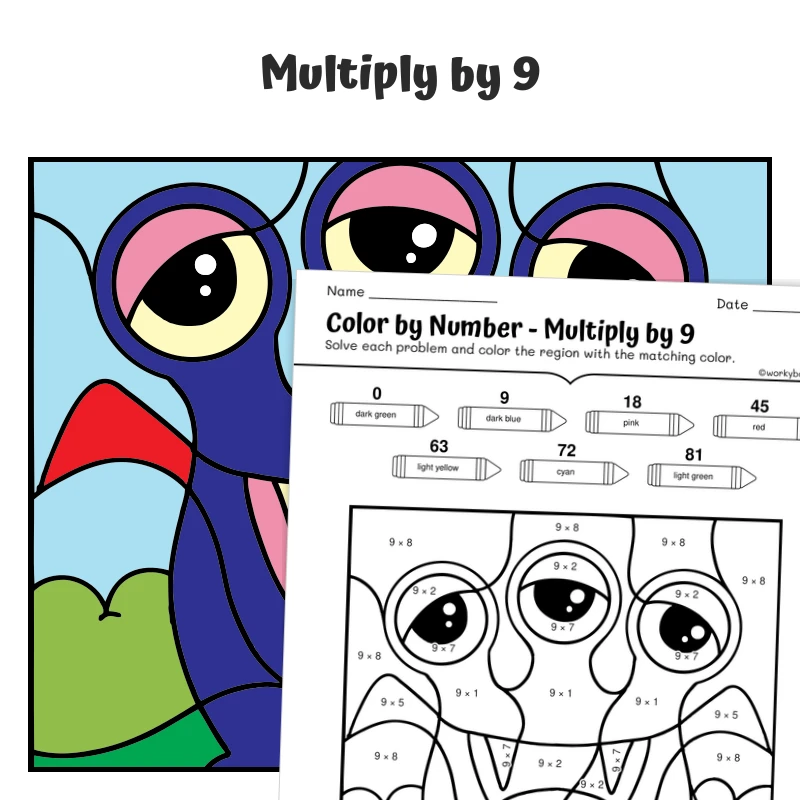 × 9 Color by Number — Monster with a Big Heart — math worksheet for Grade 3, page 1 of 1