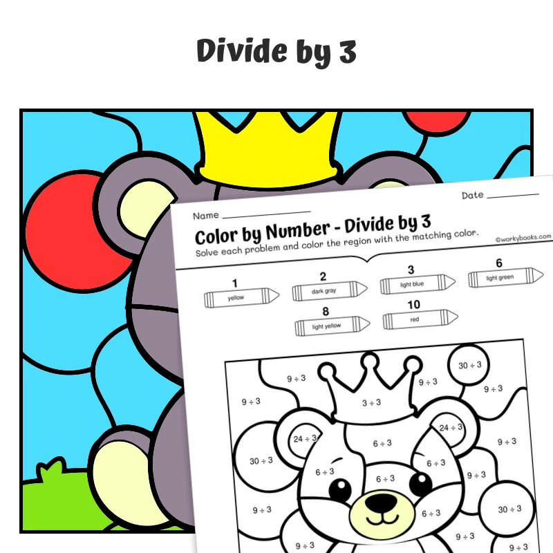 div by 3 Color by Number — Teddy Bear's Royal Crown — math worksheet for Grade 3, page 1 of 1