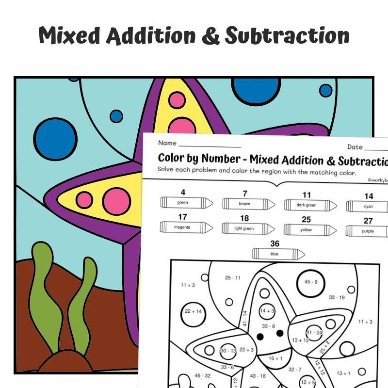 Add & Subtract Mixed Color by Number — Yellow Starfish — math worksheet for Grade 1, Grade 2, Grade 3, page 1 of 1