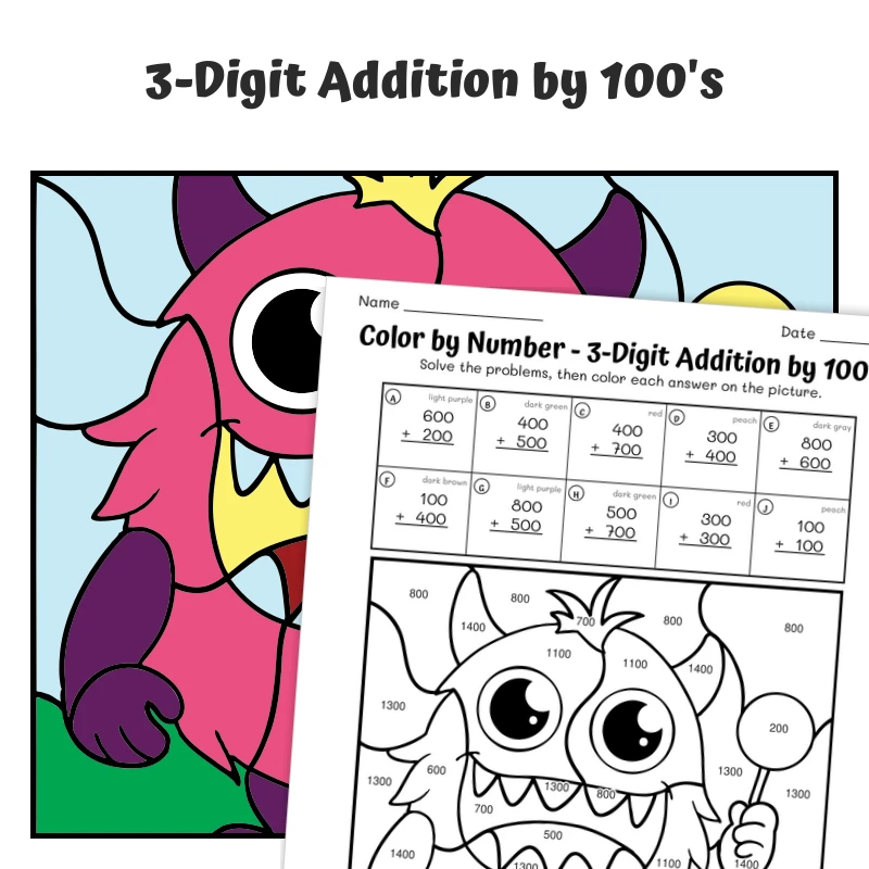 Add Hundreds Color by Number — Sleepy Monster — math worksheet for Grade 2, Grade 3, page 1 of 1