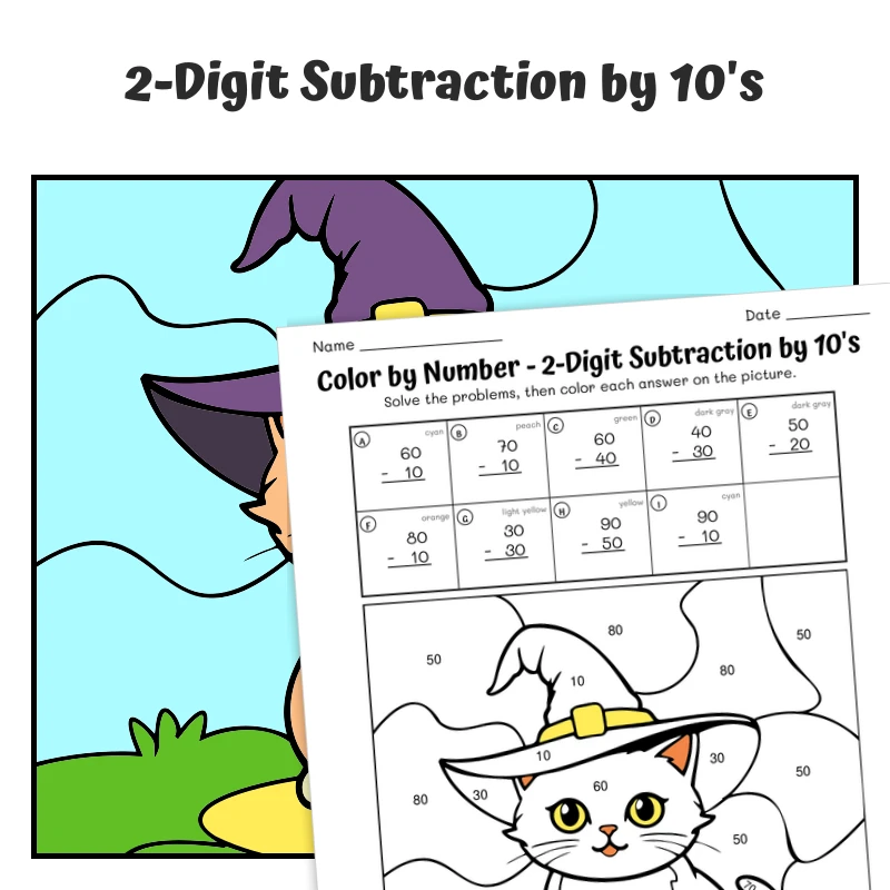 Subtract Tens Color by Number — cat in halloween hat — math worksheet for Grade 1, Grade 2, page 1 of 1