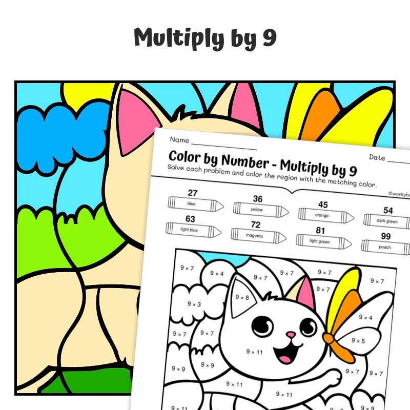 × 9 Color by Number — Cat chasing a butterfly — math worksheet for Grade 3, page 1 of 1