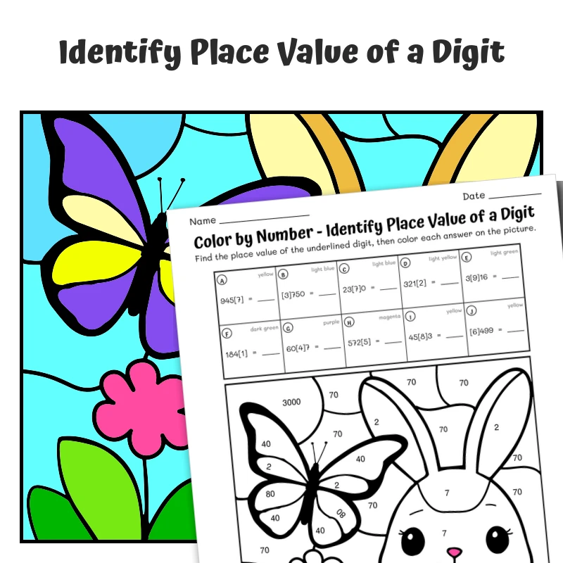 Place Value Color by Number — Bunny with a Butterfly Friend — math worksheet for Grade 1, Grade 2, Grade 3, Grade 4, page 1 of 1