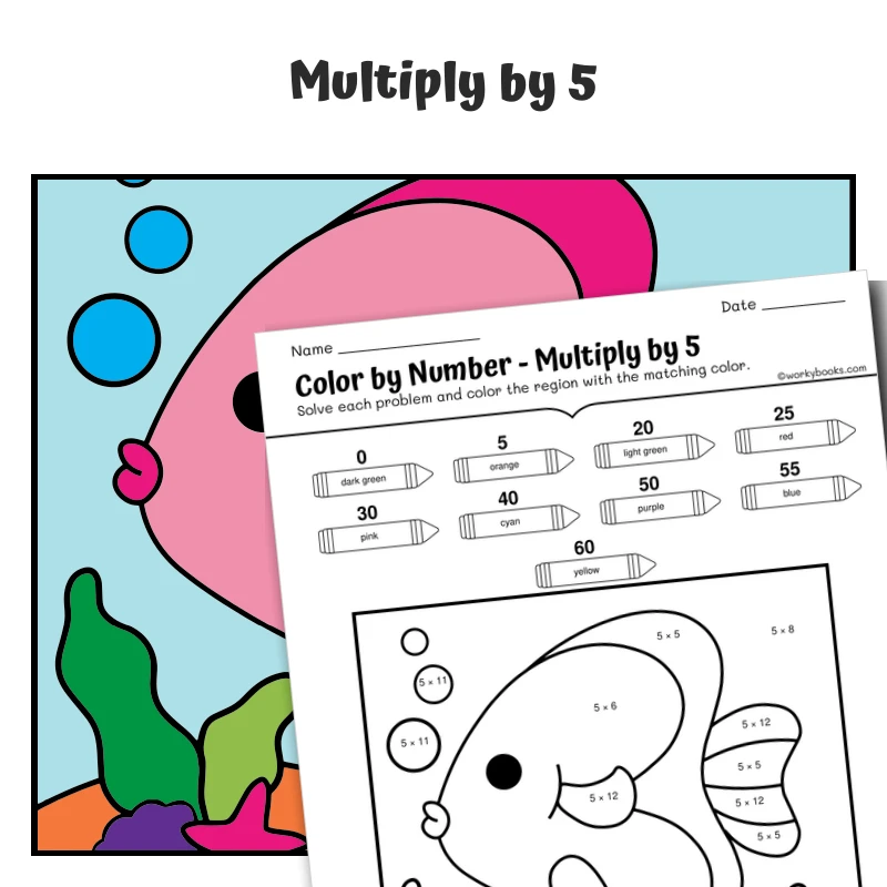 × 5 Color by Number — fish 19 — math worksheet for Grade 3, page 1 of 1