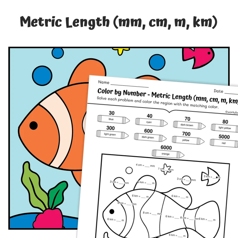Metric Length Color by Number — fish 18 — math worksheet for Grade 4, Grade 5, page 1 of 1