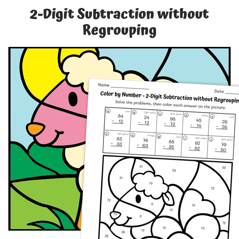 2-Digit Subtraction (no regrouping) Color by Number — Farm Animal Sheep — math worksheet for Grade 1, Grade 2, page 1 of 1