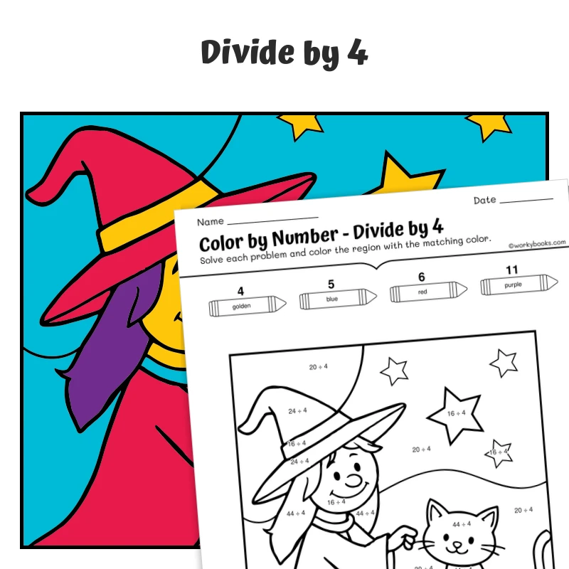 div by 4 Color by Number — Witch with a Friendly Cat — math worksheet for Grade 3, page 1 of 1