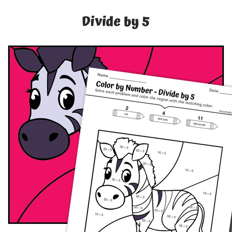 div by 5 Color by Number — Zoo Animal Zebra — math worksheet for Grade 3, page 1 of 1