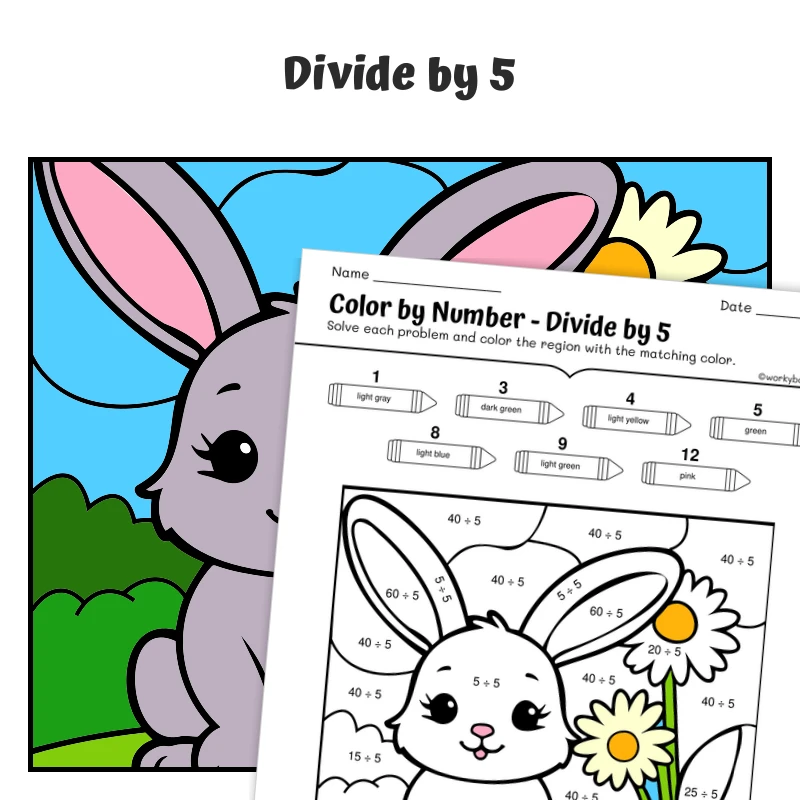 div by 5 Color by Number — Bunny with a Daisy — math worksheet for Grade 3, page 1 of 1