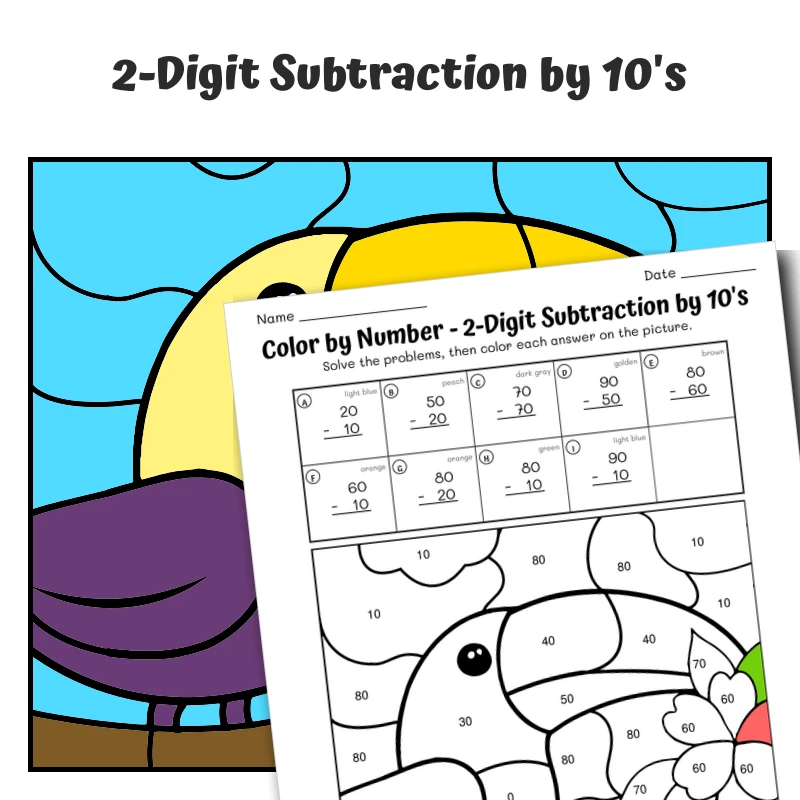 Subtract Tens Color by Number — Hippo with heart-shaped ears — math worksheet for Grade 1, Grade 2, page 1 of 1