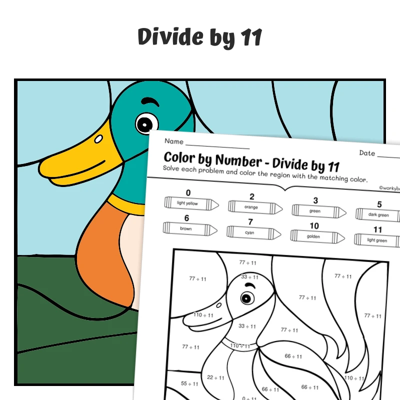 div by 11 Color by Number — Farm Animal Goose — math worksheet for Grade 3, Grade 4, page 1 of 1