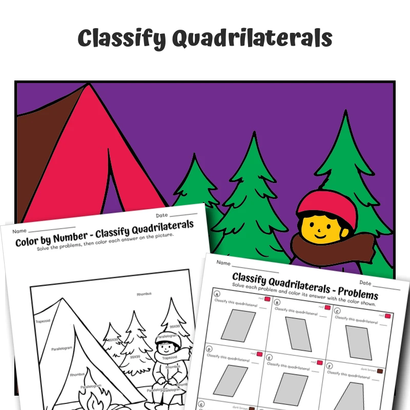 Classify Quadrilaterals Color by Number — winter 13 — math worksheet for Grade 3, Grade 4, Grade 5, page 1 of 1