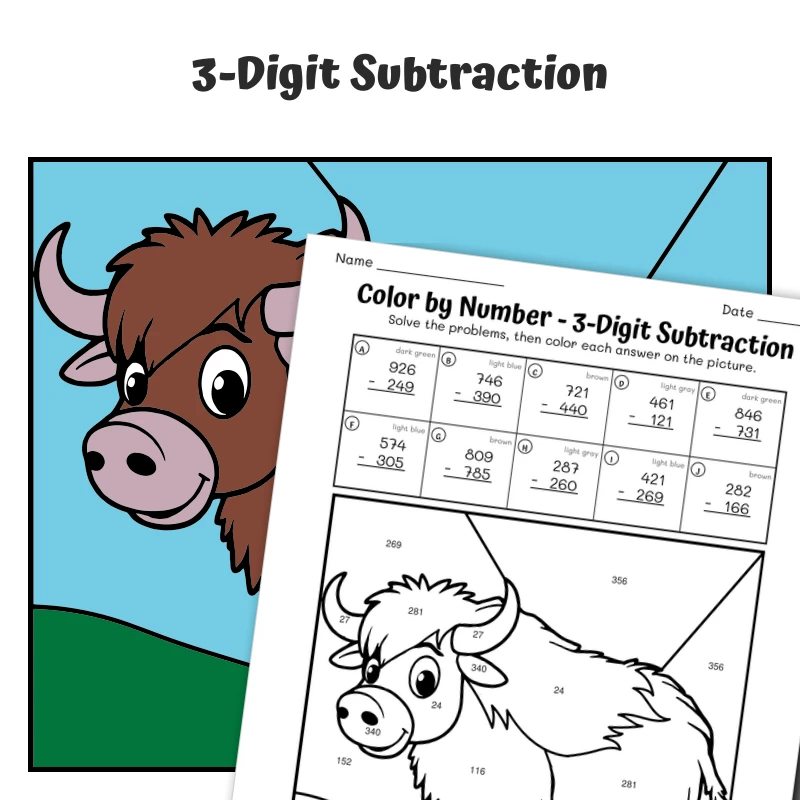 3-Digit Subtraction Color by Number — Artic Animal Musk Ox — math worksheet for Grade 2, Grade 3, page 1 of 1