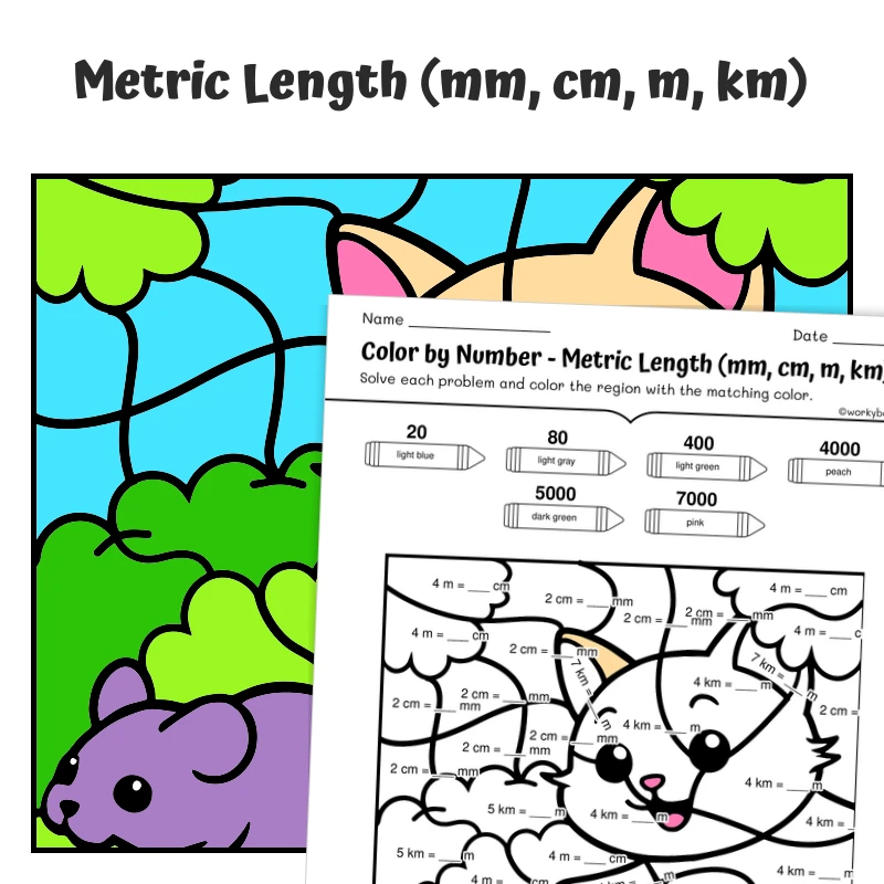 Metric Length Color by Number — Cat chasing a mouse — math worksheet for Grade 4, Grade 5, page 1 of 1