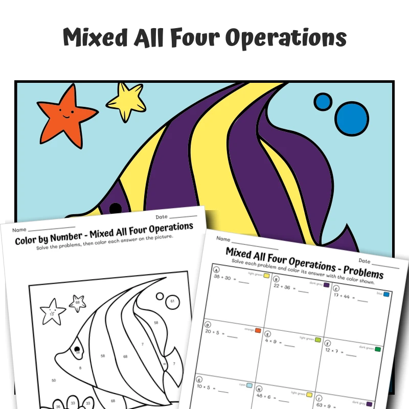 Four Operations Mixed Color by Number — fish 20 — math worksheet for Grade 4, Grade 5, page 1 of 1