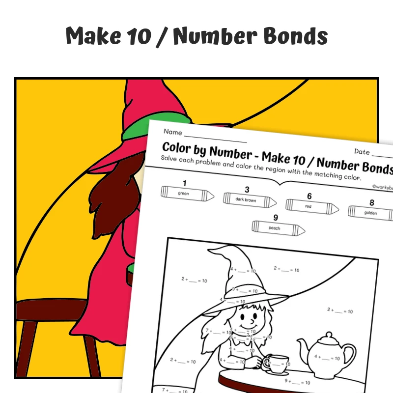 Make 10 Color by Number — Witch and a Tea Party — math worksheet for Grade K, Grade 1, page 1 of 1