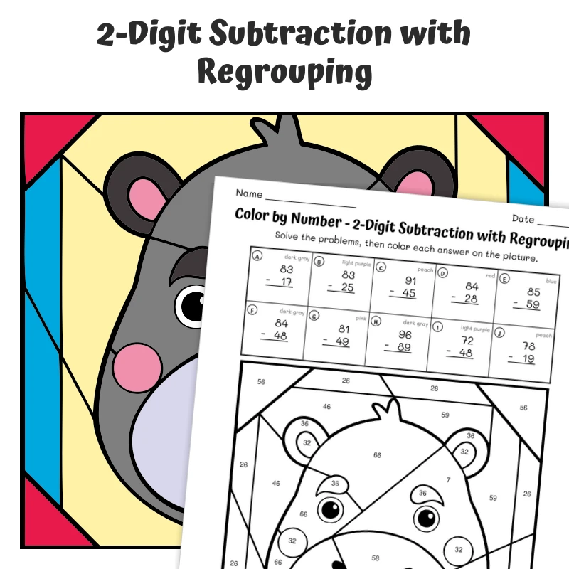 2-Digit Subtraction (regrouping) Color by Number — Animal face - Hippo — math worksheet for Grade 2, page 1 of 1