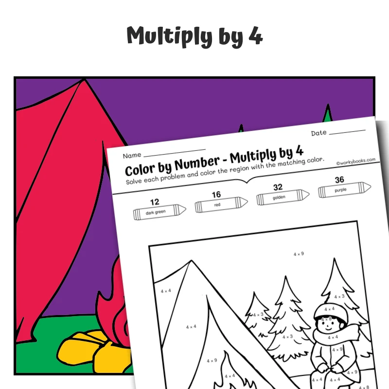 × 4 Color by Number — Winter Camping — math worksheet for Grade 3, page 1 of 1