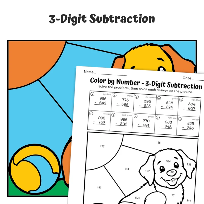 3-Digit Subtraction Color by Number — Golden Retriever Puppy — math worksheet for Grade 2, Grade 3, page 1 of 1
