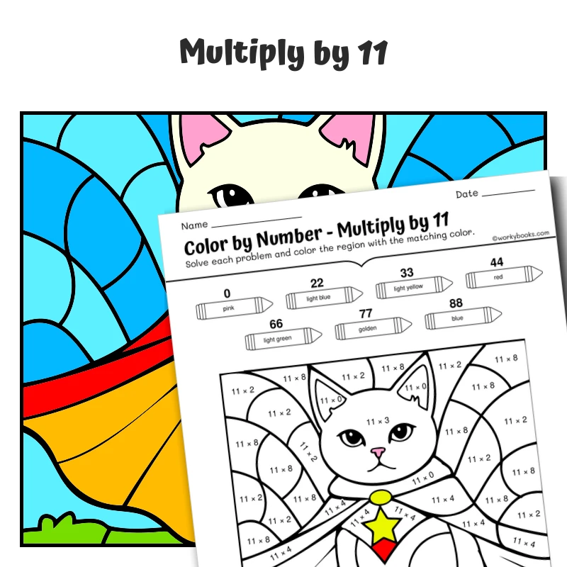 × 11 Color by Number — Cat wearing a superhero cape — math worksheet for Grade 3, Grade 4, page 1 of 1