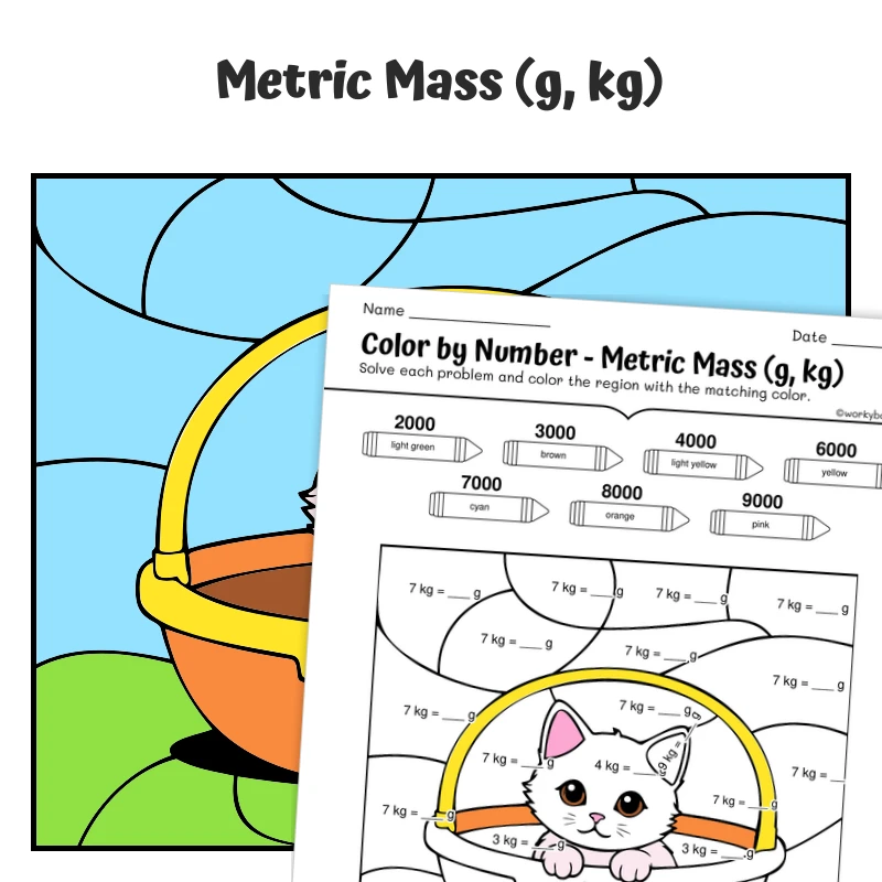 Metric Mass Color by Number — cat in a basket — math worksheet for Grade 4, Grade 5, page 1 of 1