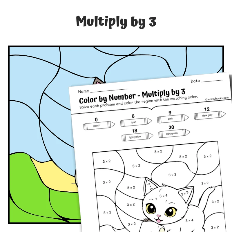 × 3 Color by Number — cat playing with paper roll — math worksheet for Grade 3, page 1 of 1