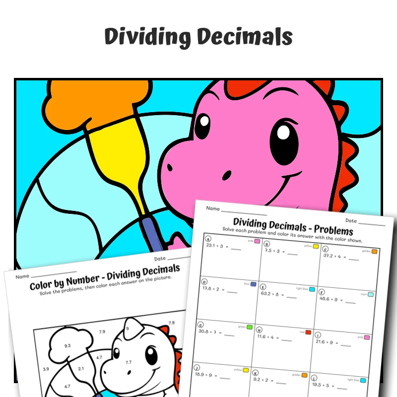 Divide Decimals Color by Number — Dino's Yummy Cooking — math worksheet for Grade 5, page 1 of 1