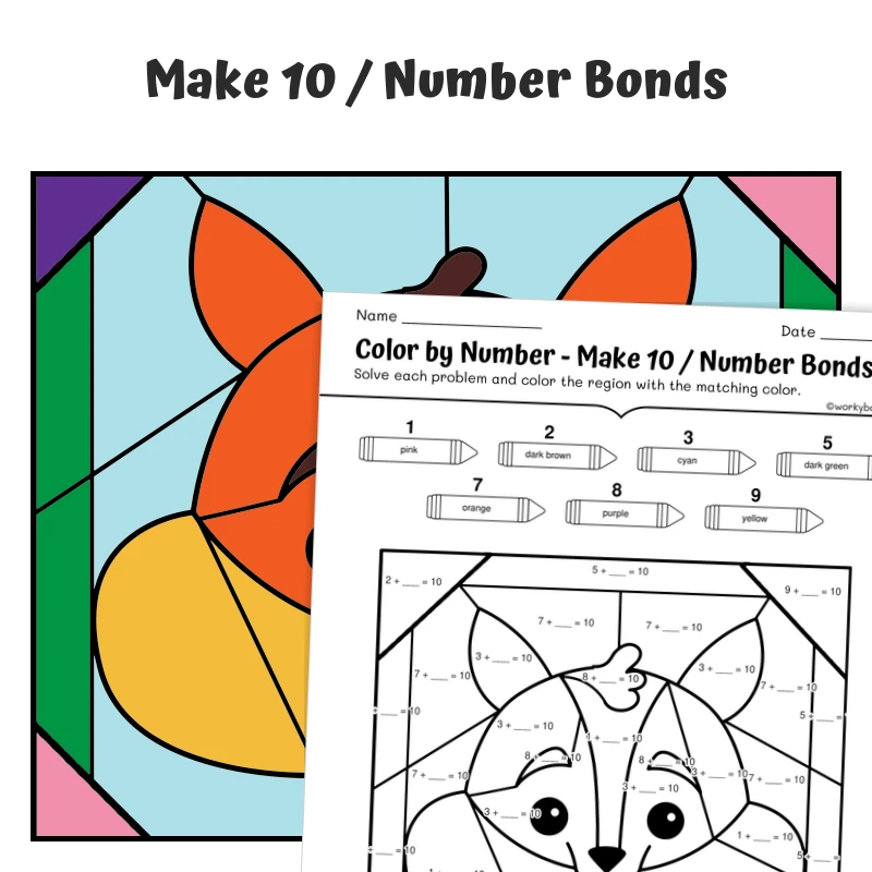 Make 10 Color by Number — Animal face - Squirrel — math worksheet for Grade K, Grade 1, page 1 of 1