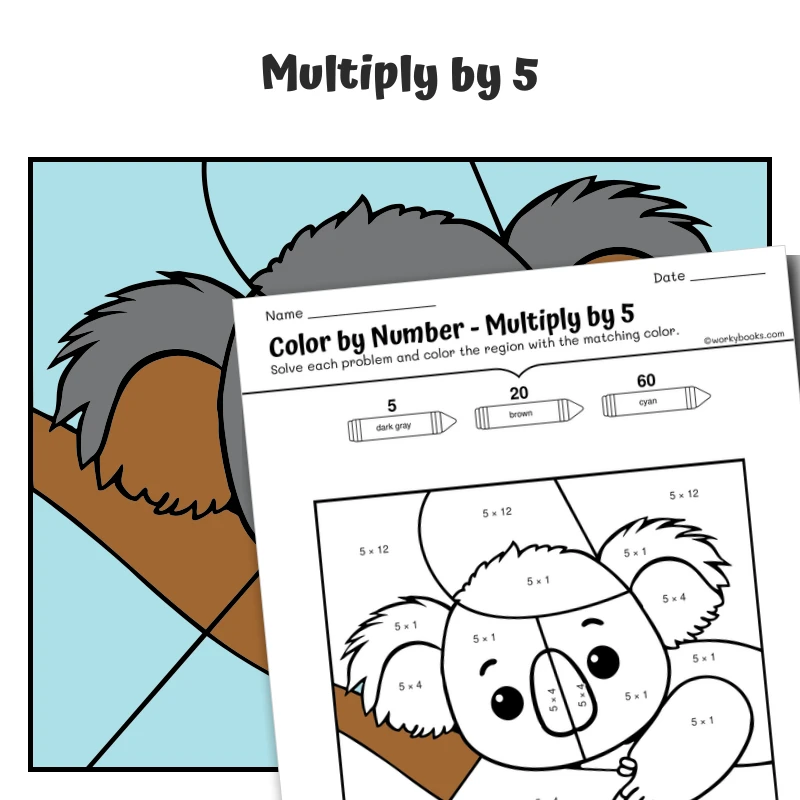 × 5 Color by Number — Zoo Animal Koala — math worksheet for Grade 3, page 1 of 1