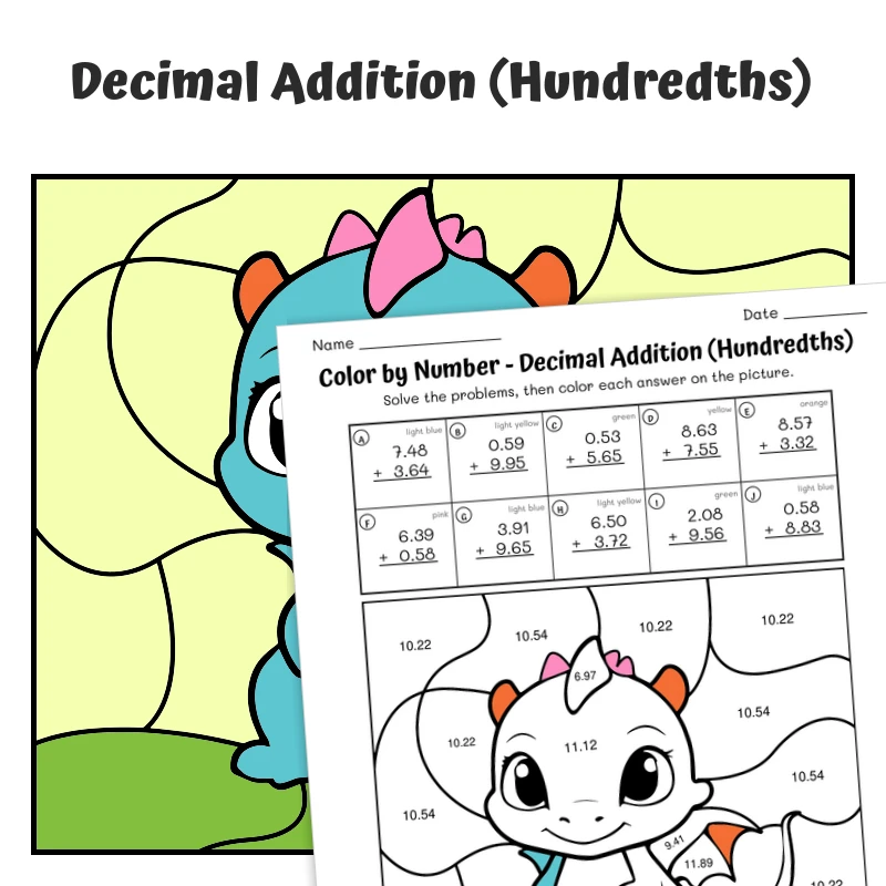 Decimal Addition (hundredths) Color by Number — Yawning Dragon — math worksheet for Grade 5, page 1 of 1